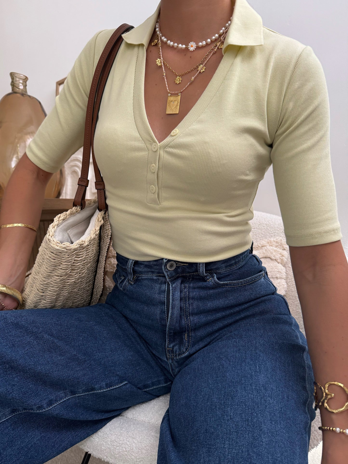 DANIELLA ribbed shirt collar bodysuit - pale green