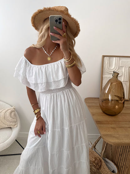 ARCANE long ruffled bardot neck dress - white