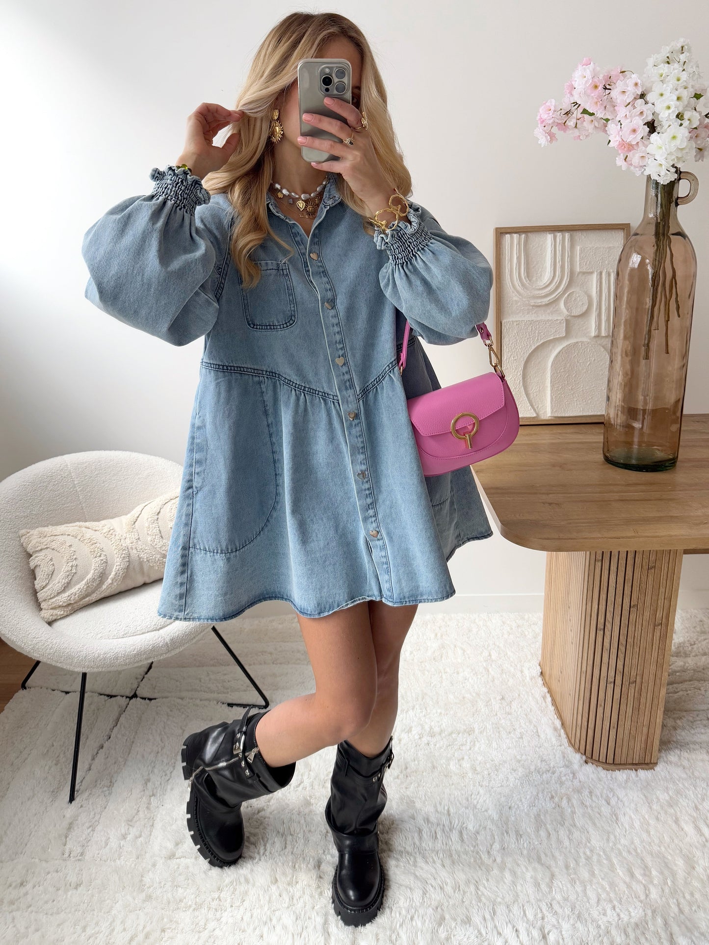 ALANYS light blue shirt collar denim dress