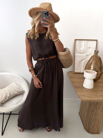 OSTIO cotton gauze top and long skirt set - chocolate
