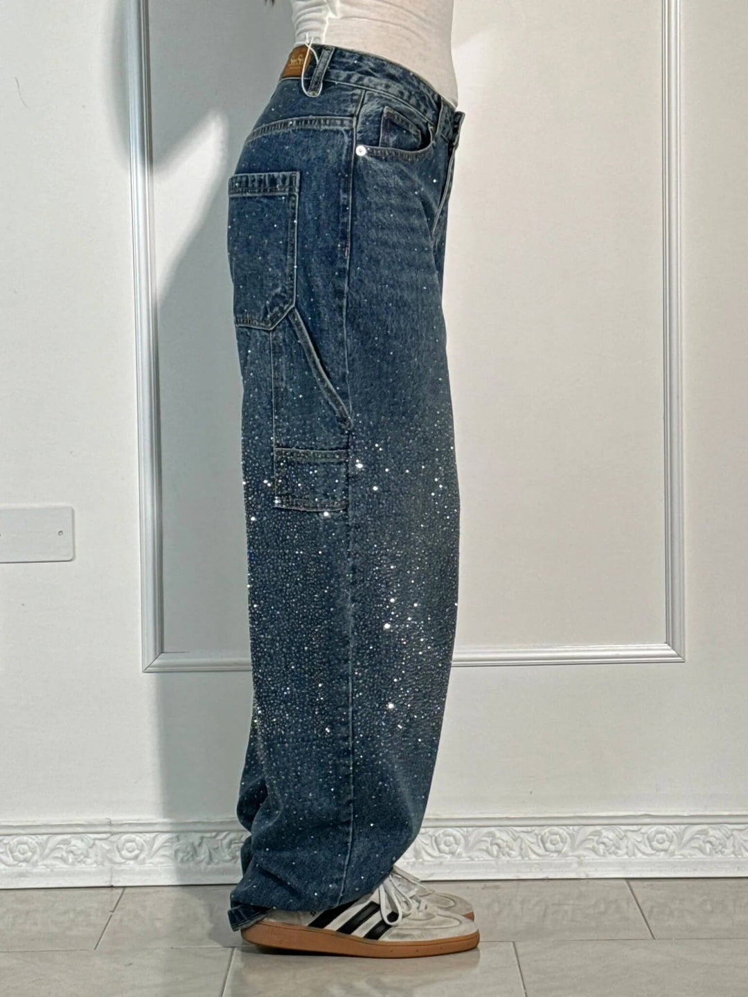 Jean denim évasé à strass
