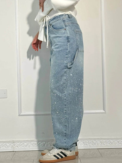 Jean denim évasé à strass