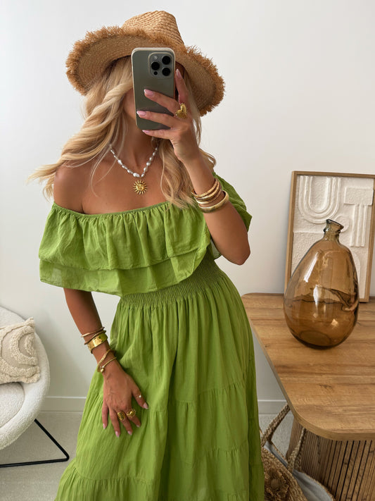 ARCANE long ruffled bardot neck dress - olive green