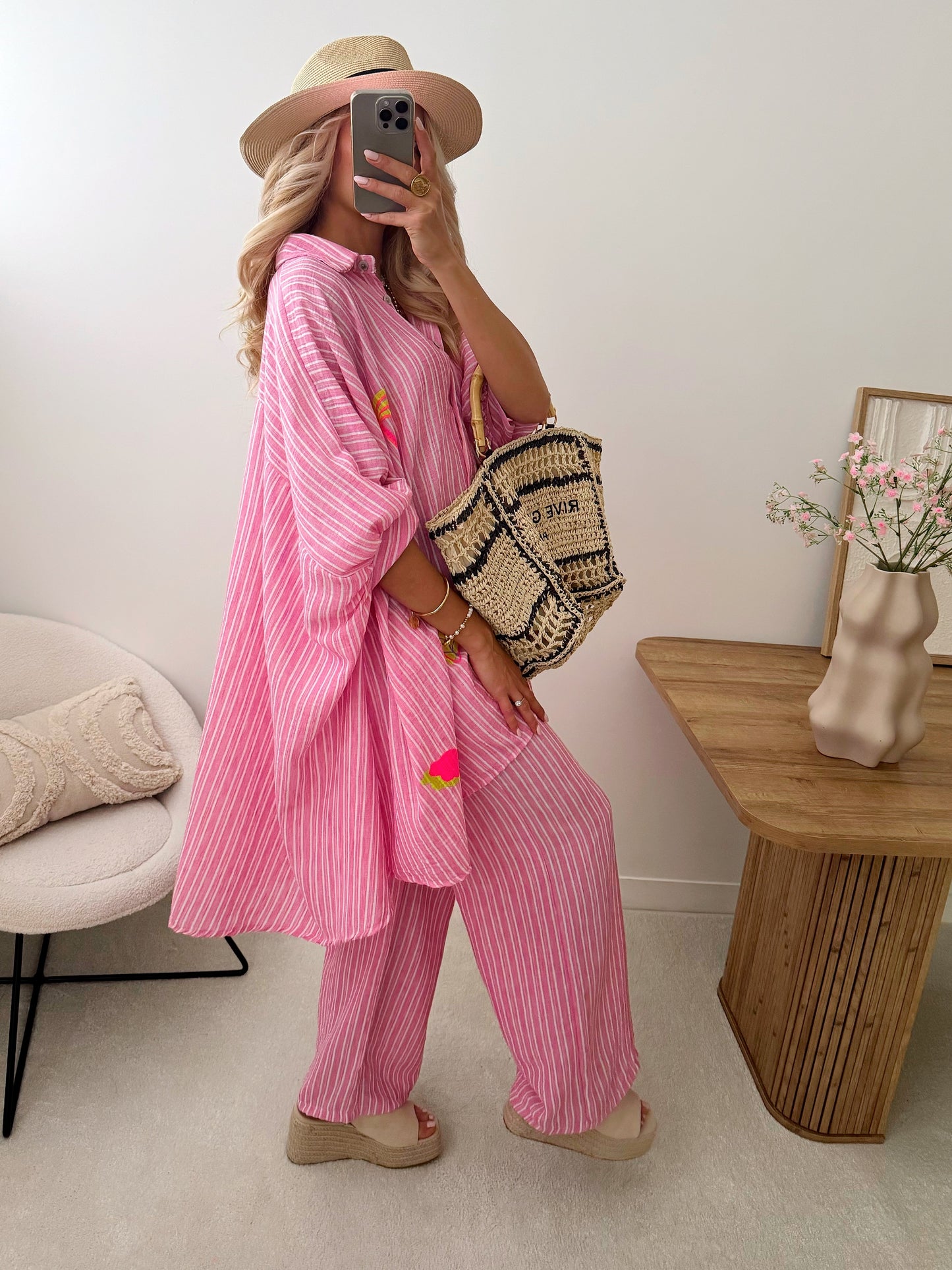 ETHANE linen blend striped wide leg pants