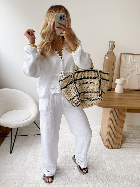 FABRON English embroidery cotton gauze pants - white