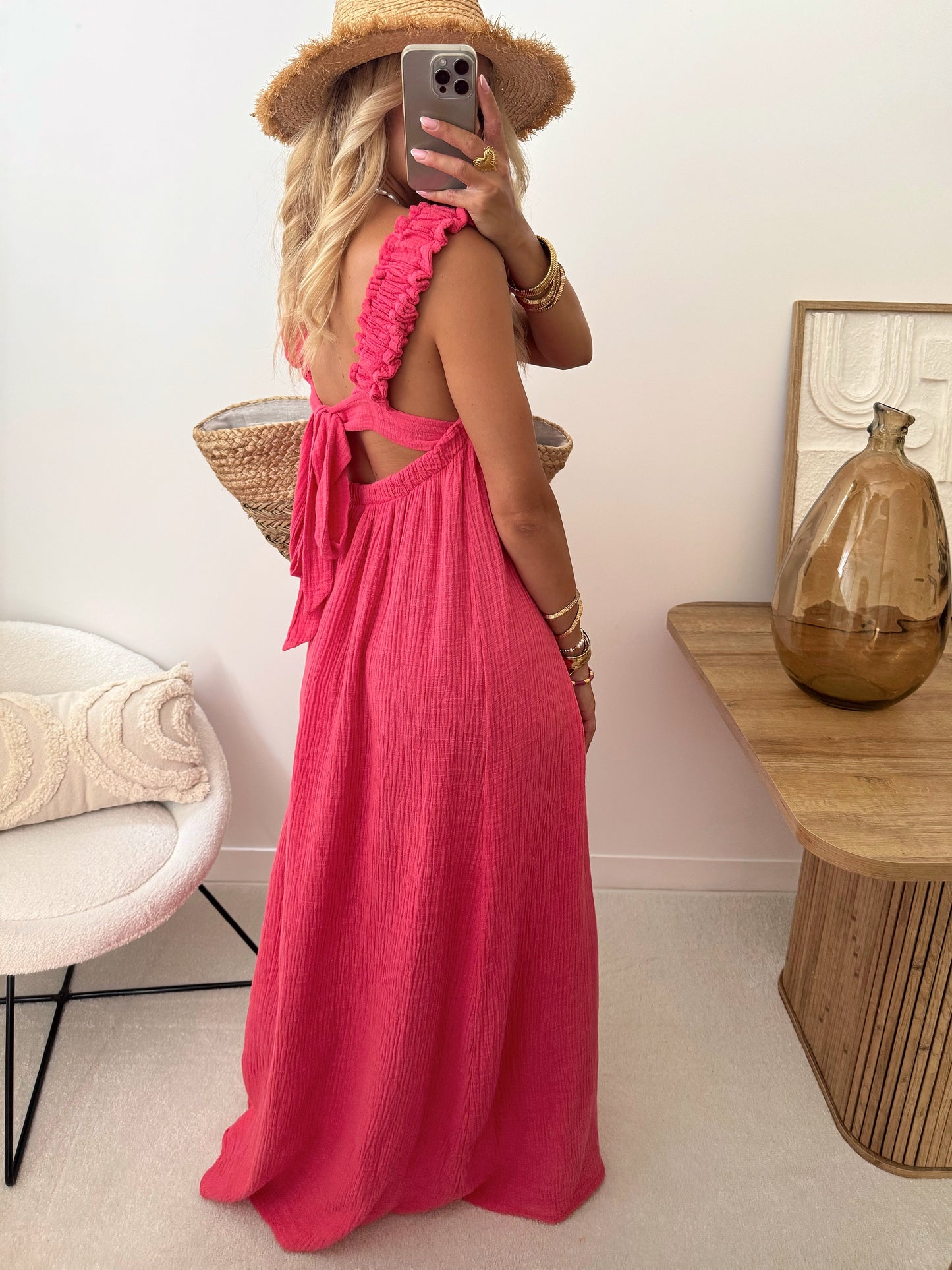 OSMANIA cotton gauze long strap dress - fuchsia