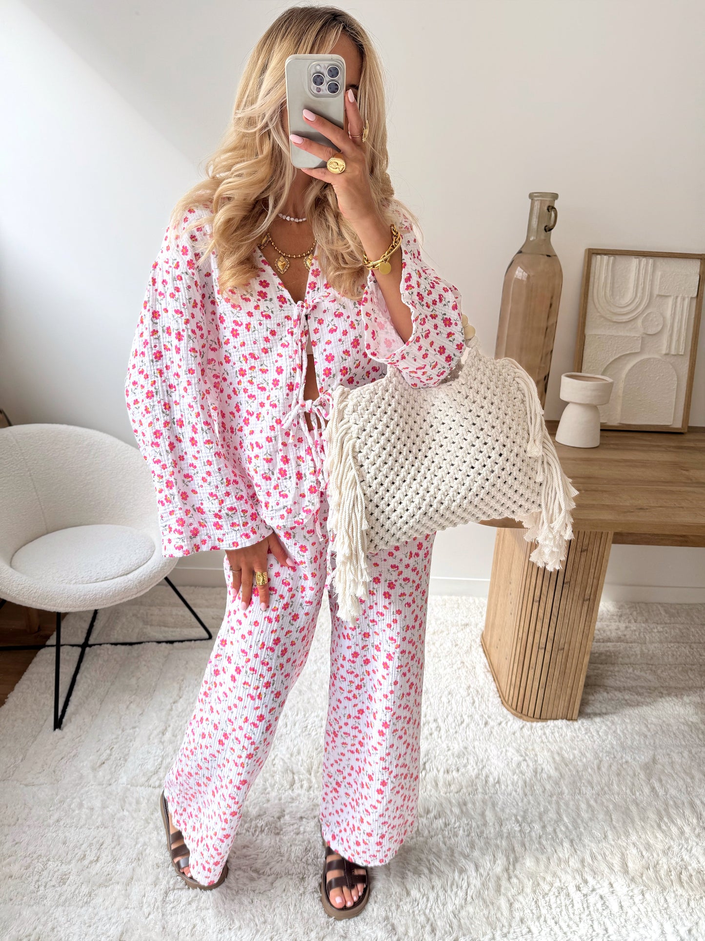 KAM floral print cotton gauze pants - fuchsia