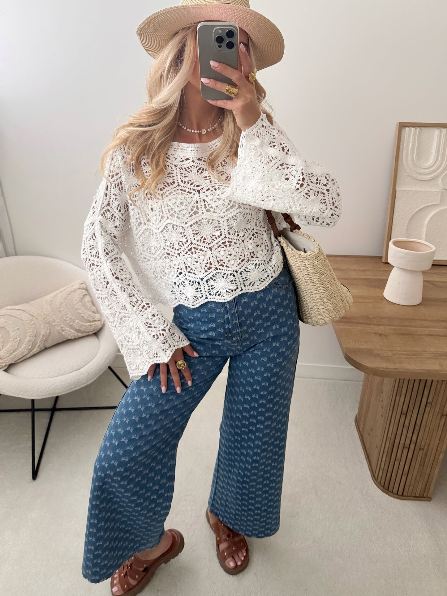 BRISEIS crochet openwork knit top