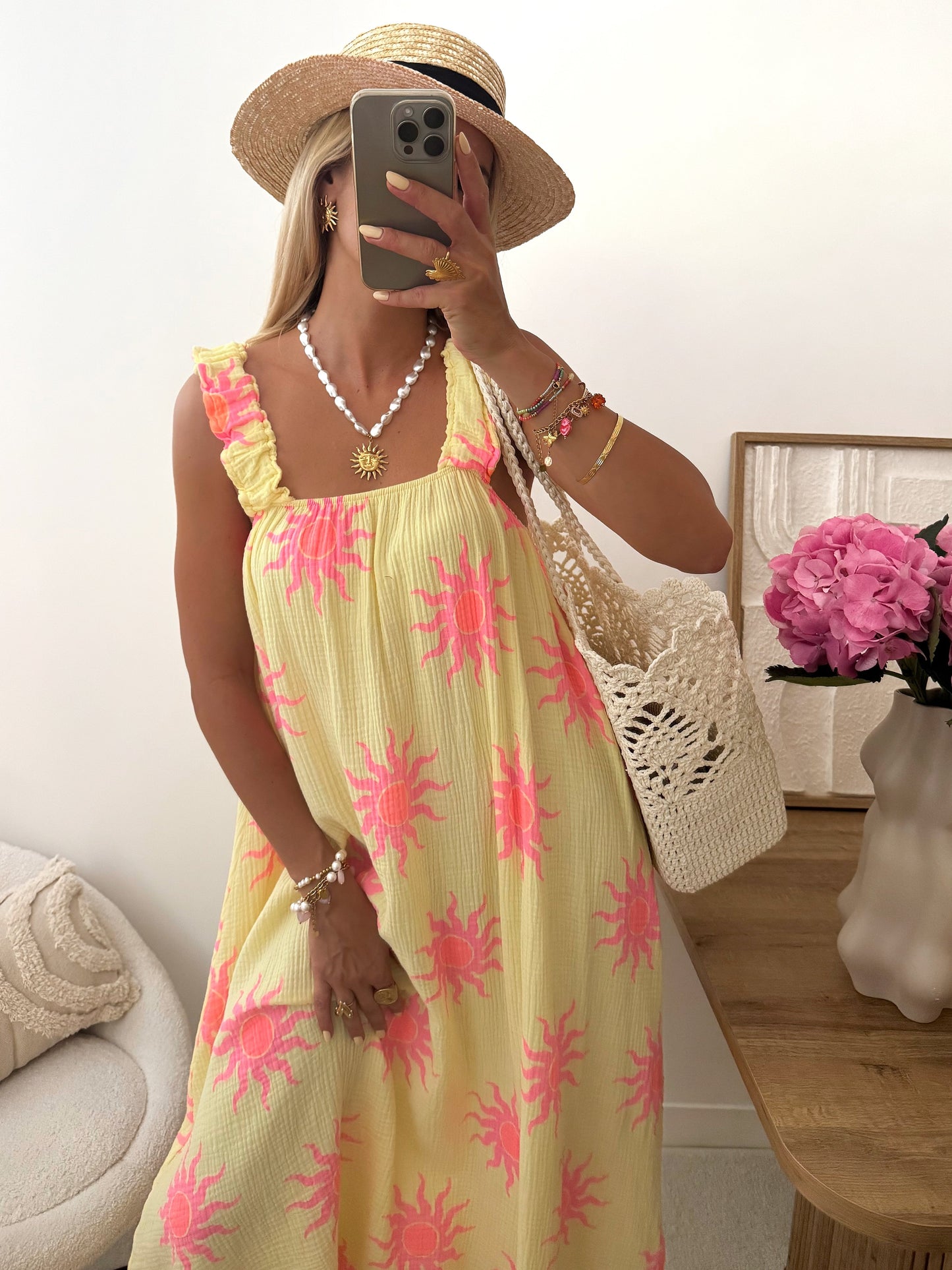 ARAW Cotton Gauze Print Dress - Yellow