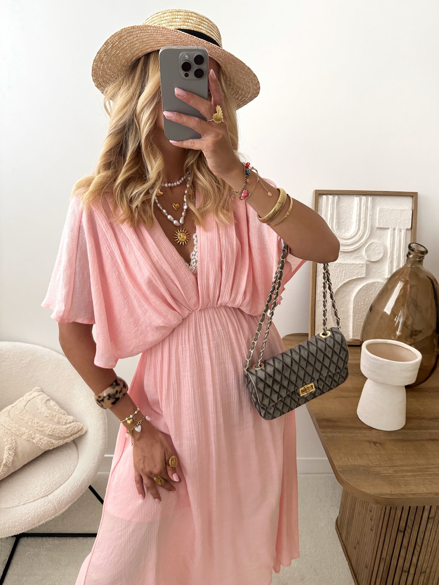 MIRA Plunging V-Neck Midi Dress - Pale Pink