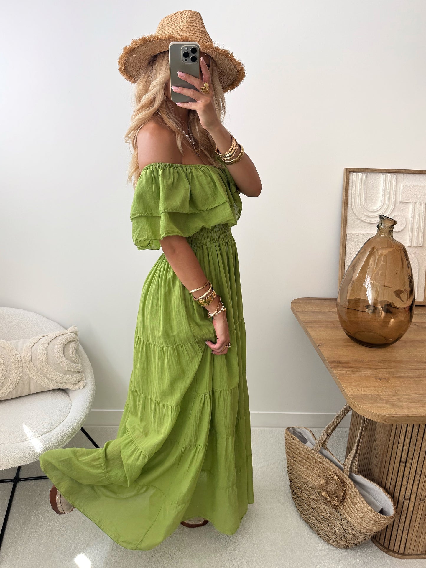 ARCANE long ruffled bardot neck dress - olive green