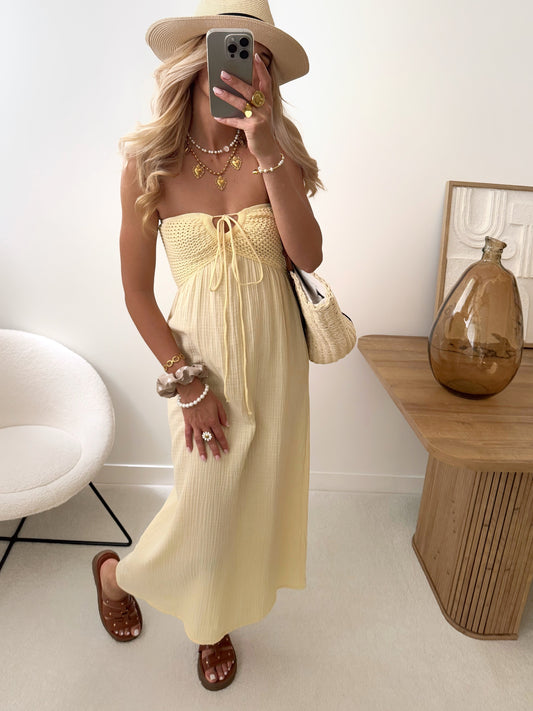 SINY crochet and cotton gauze strapless dress - pale yellow