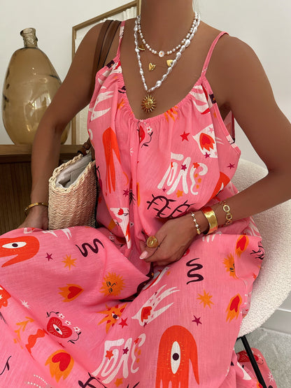 LÉANDRE Oversized Linen Blend Animal Print Long Dress