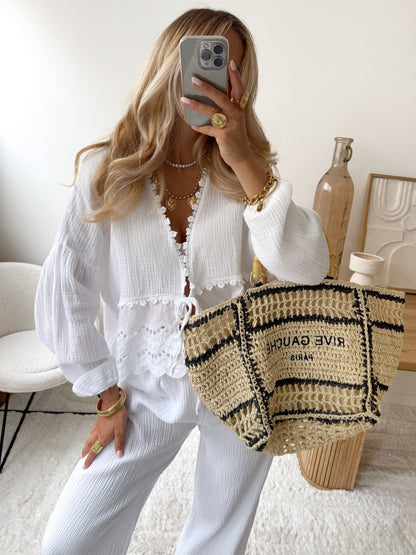 FABRON English embroidery cotton gauze pants - white