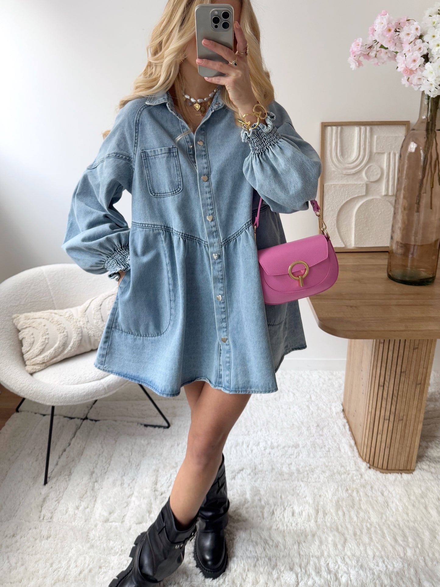 ALANYS light blue shirt collar denim dress