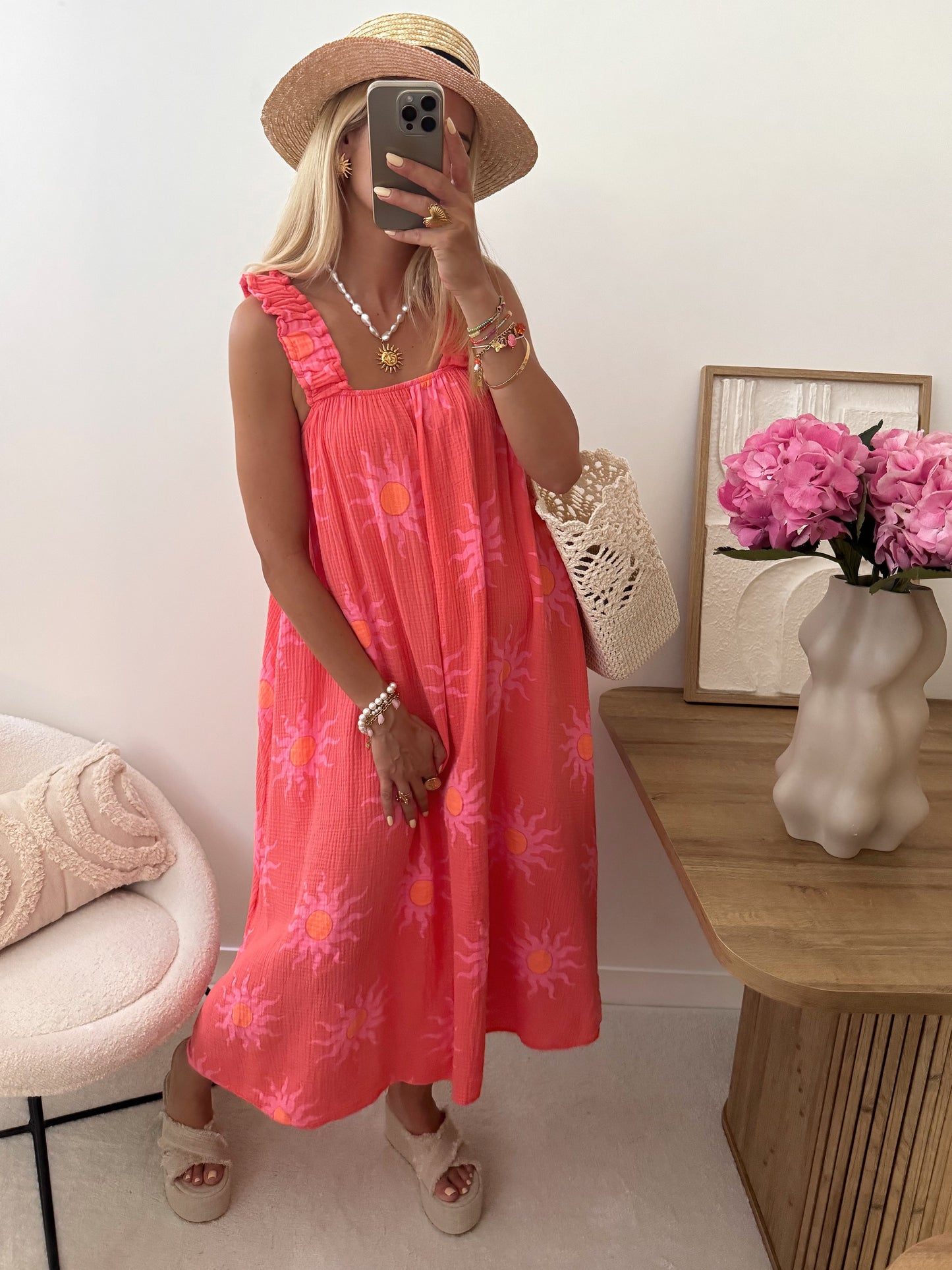 ARAW Cotton Gauze Print Dress - Coral