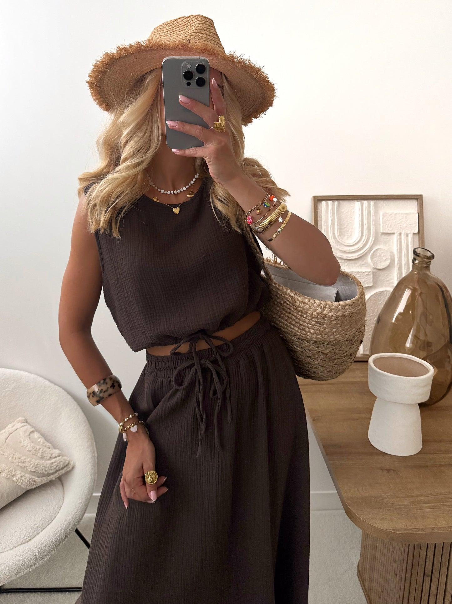 OSTIO cotton gauze top and long skirt set - chocolate