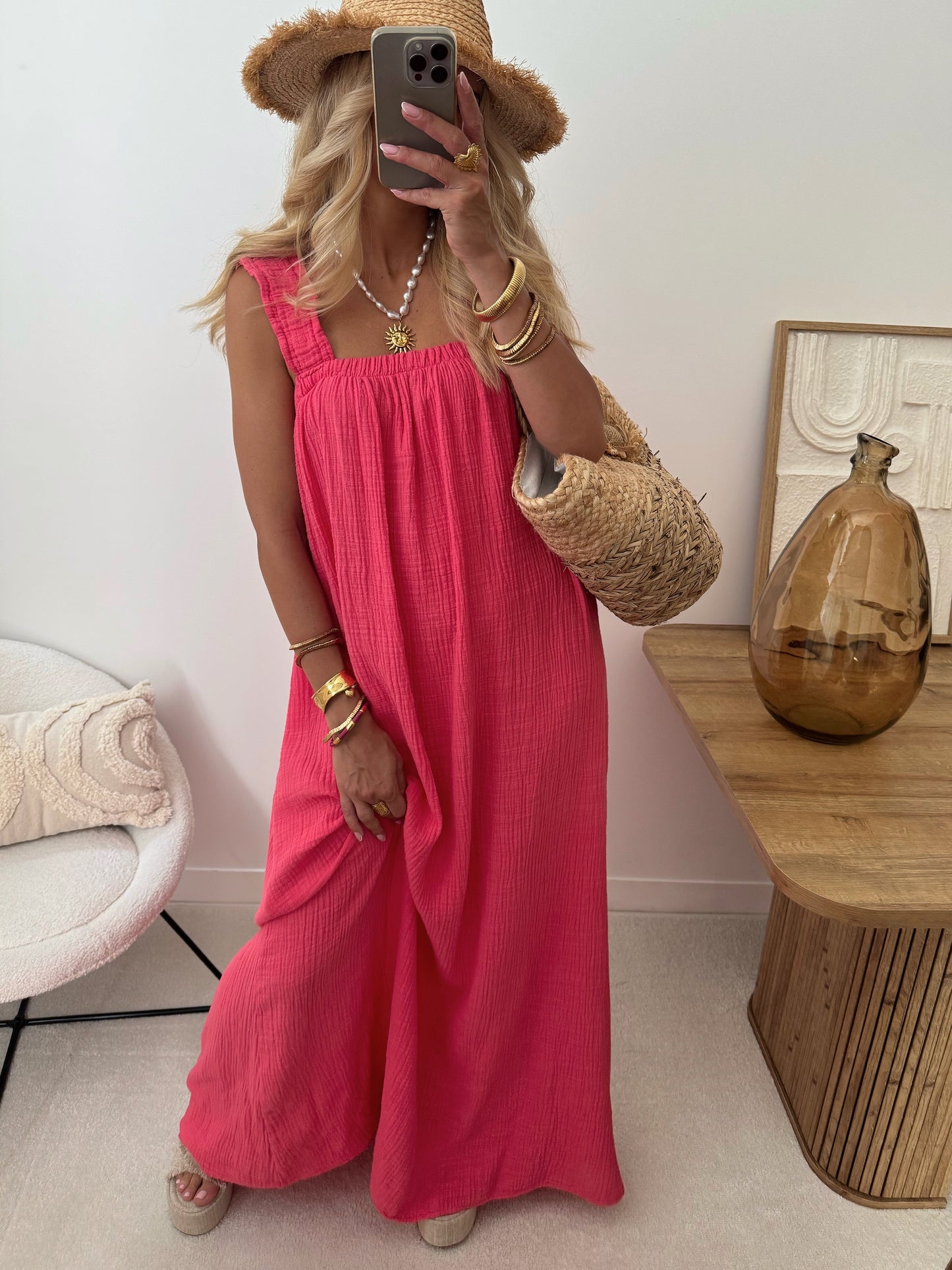 OSMANIA cotton gauze long strap dress - fuchsia